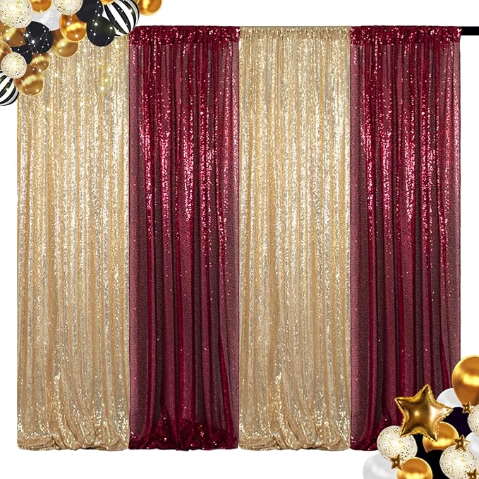 ShinyBeauty Sequin Backdrops 4 Panels Light Gold Sequin Curtains Photo Backdrop - Image 2