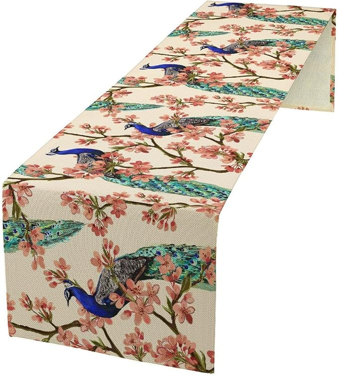 Peacock Table Runner, Spring Floral Peacock Birds Table Runner by Unknown
