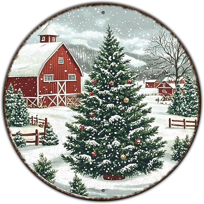 Round Christmas Trees Barn Metal Tin Sign Christmas Vintage Tin Sign by GJXFTPTTBD