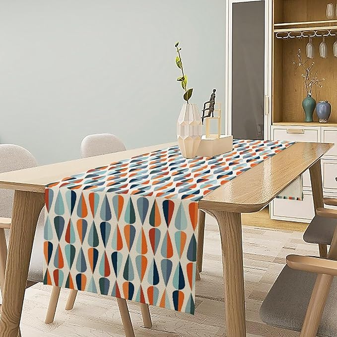 Mid Century Table Runner, Modern Style Retro Pattern Droplet Shapes Mosaic - Image 3