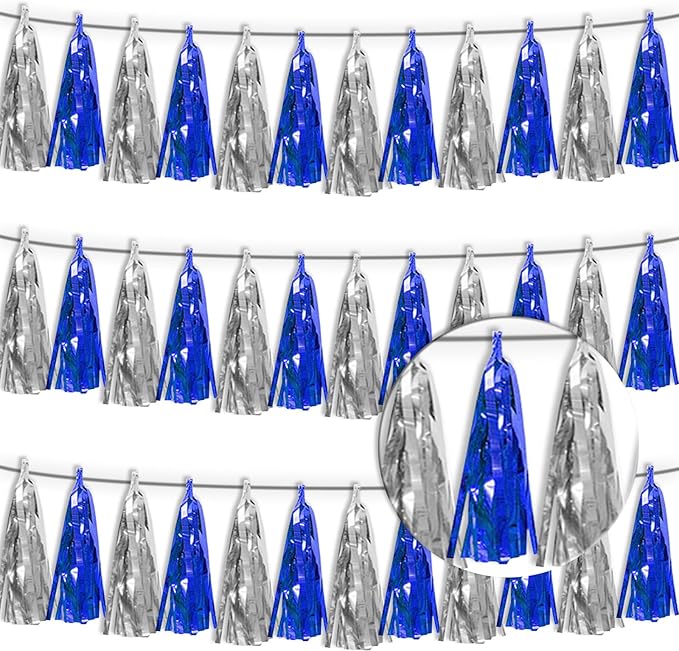 3P Navy-Blue Silver Metallic Fringe Tassel Banner Garland Foil Tinsel Streamer by Xuuf
