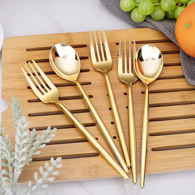 SUT 200PCS Gold Plastic Forks and Spoons Heavy Duty Set, Disposable Utensils - Image 3