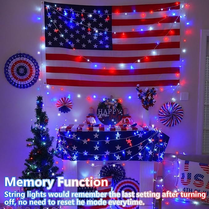 YEGUO 165ft 500 LED Red White and Blue Lights, 4th of July Decorations String - Image 5
