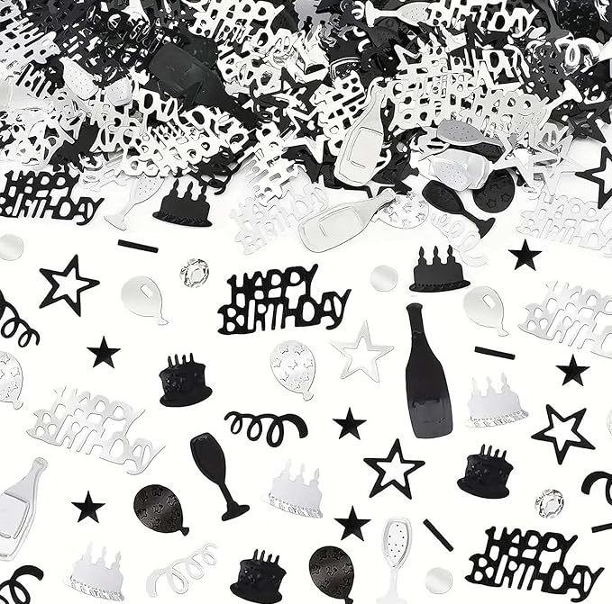 VHUWE Happy Birthday Confetti, 1.6 oz Black Silver Cake Balloon Star Goblet - Image 8