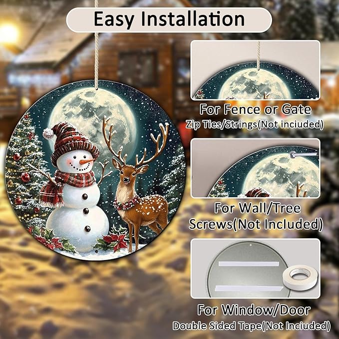 Christmas Snowman Decor Round Metal Tin Sign Christmas Deer Vintage Tin Sign - Image 3