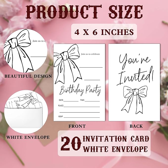SIXEIGHT Black Bow Birthday Decorations, 20 Party Invitations - Image 2