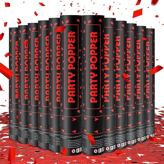Party Poppers Confetti Cannon 12 Pack Red Poppers 12 Inch Party Shooters Mylar by PEMUISE