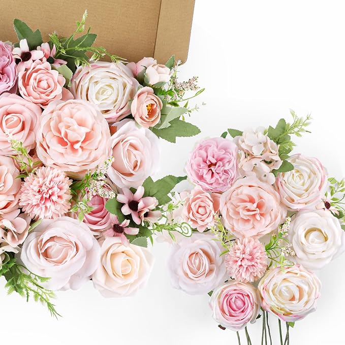 AmyHomie Blush Pink Artificial Flowers Combo Silk Rose Fake Flowers w/Stem - Image 7