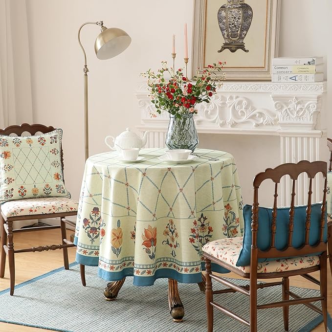 ISAENNE Designer Linen Floral Round Tablecloth, Light Green Farmhouse Durable - Image 3
