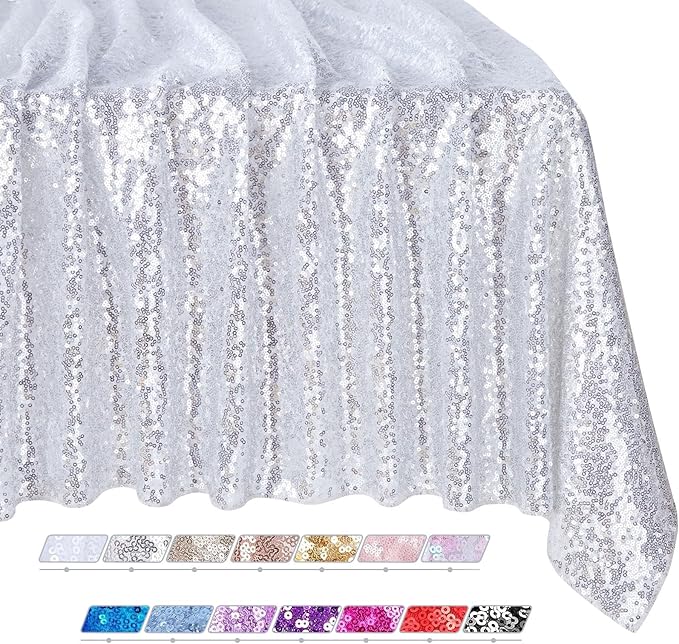 QueenDream Tablecloth 90x156 Rectangle Sequin Tablecloth Silver Wedding Table by QueenDream