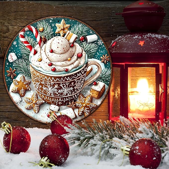 Round Christmas Signs Hot Cocoa Bar Metal Tin Sign Christmas Decor - Image 5