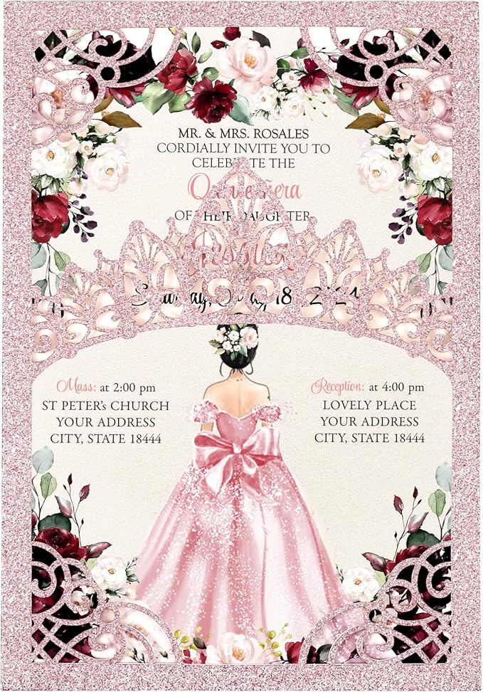 50Pcs Pink Crown Quinceanera Invitation Burgundy by DreamBuilt