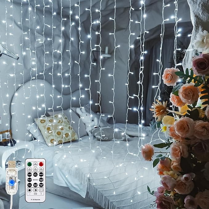 Curtain Light for Bedroom, 200LED 6.6x6.6ft White Window Wall Hanging Fairy by SINAMER