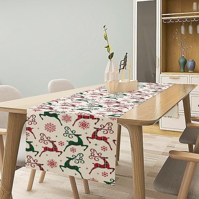 Christmas Table Runner, Christmas Plaid Deer Print Farmhouse Table Cloth - Image 2