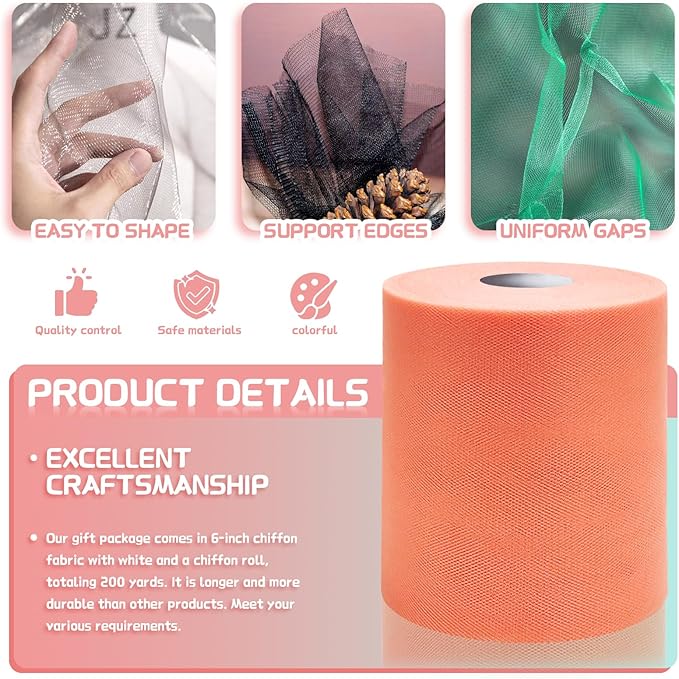 6" x 200 Yards Peach Tulle Fabric Rolls, Peach Spool Tulle Ribbon - Image 3