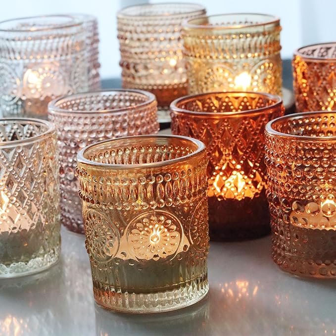 12 pcs Glass Votive Candle Holders, 6 Colors 3 Patterns Tealight Candle Holders - Image 2