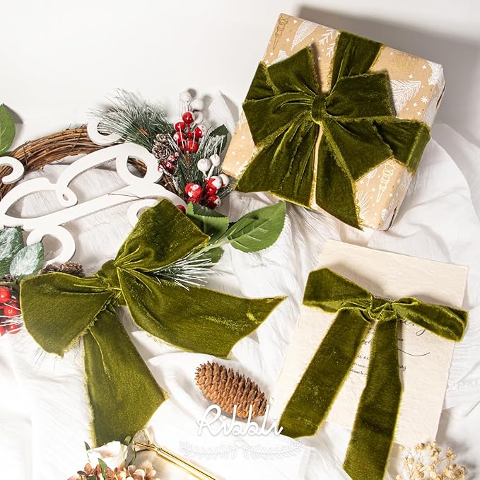 Ribbli Moss Green Velvet Ribbon 1.5 Inch Handmade Frayed Vintage Christmas - Image 4