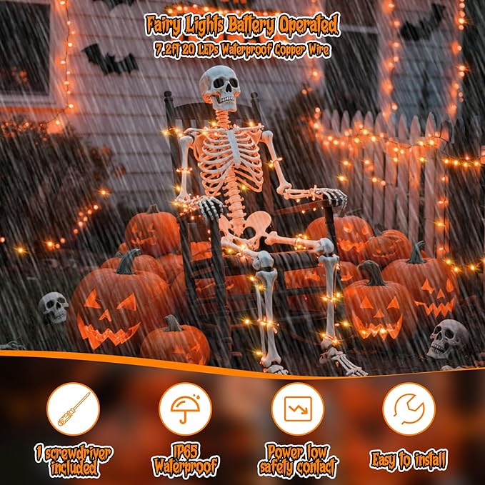 TingMiao Halloween Orange Fairy Lights Battery Operate, 7.2ft 20 LEDs String - Image 3