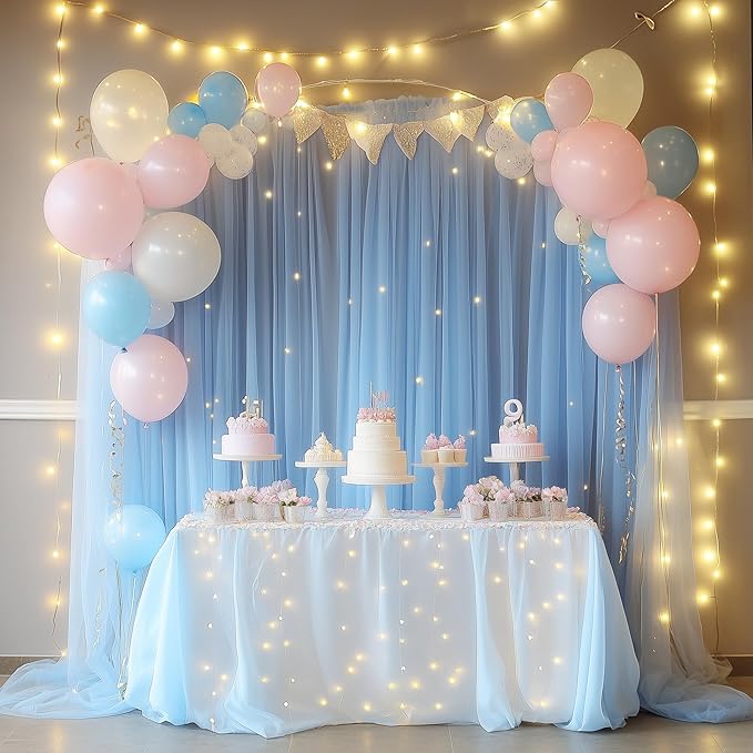 Tulle Backdrop Curtain with Lights String 10FT X 8FT Baby Blue Sheer Tulle - Image 2