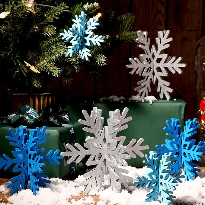 Bucherry 12 Pcs Wooden Snowflake Table Decor 3D Snowflake Tabletop Signs and - Image 4