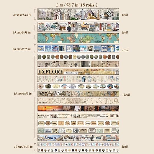 18 Rolls Travel Washi Tape Set journaling Tape - Image 3