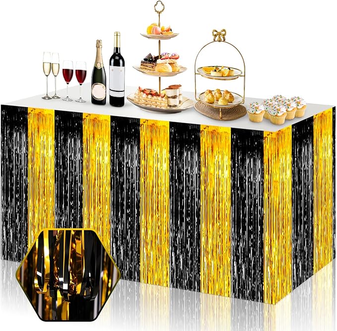 3 Pack 29x108 Inch Black Gold Foil Fringe Table Skirts Metallic Banner by Ferwzsr