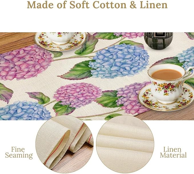 Spring Hydrangea Flower Table Runner, Seasonal Summer Plants Watercolor Pink - Image 5