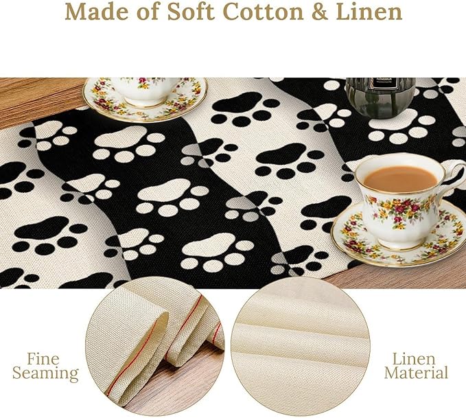 Dog Paw Table Runner, Kid Cute Animal Footprint Black White Theme Design Print - Image 3