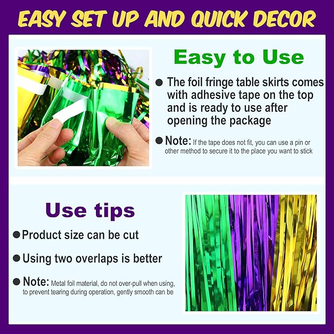 3 Pack Gold Green Purple Foil Fringe Table Skirts Metallic Tinsel Streamers - Image 3