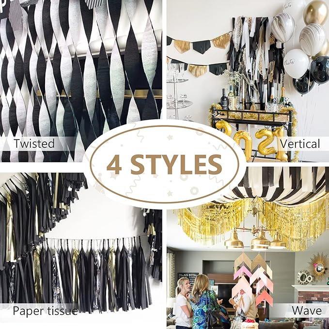 PartyWoo Crepe Paper Streamers 4 Rolls 328ft, Pack of Black and Gold Crepe Paper - Image 6