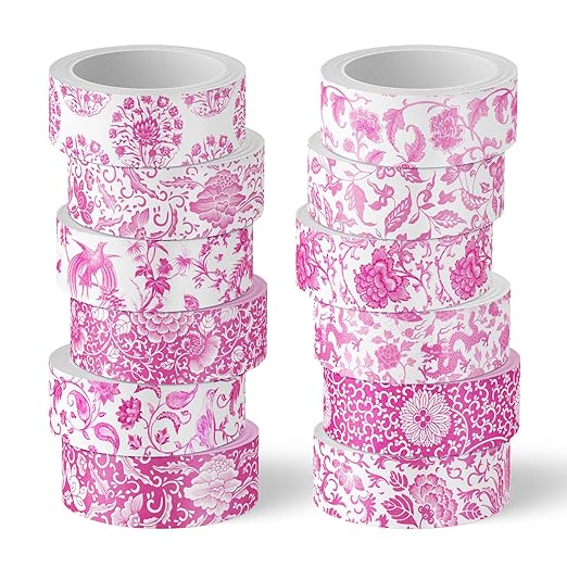 Whaline 12 Rolls Pink Floral Washi Tape Chinoiserie Flower Decorative Masking by Whaline