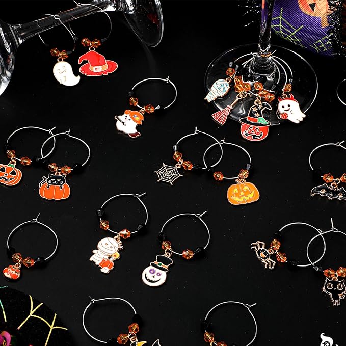 Inbagi 24 Pcs Halloween Wine Glass Charms Halloween Enamel Wine Charms Pendant - Image 4