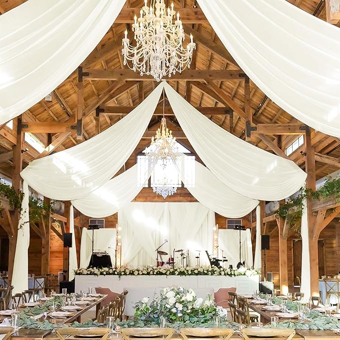 6 Panels Ivory Ceiling Drapes for Wedding 5ftx30ft Sheer Drapery Chiffon Fabric by REWOMC