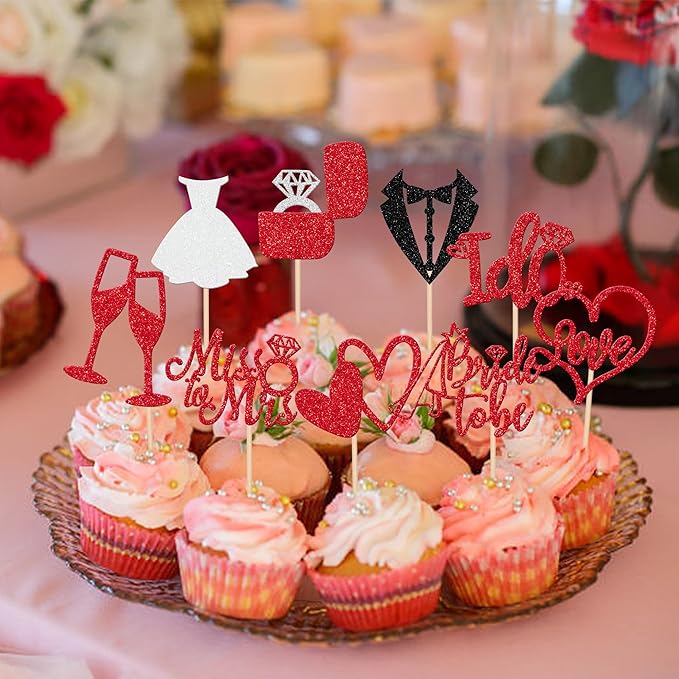 30 PCS Bride to Be Cupcake Toppers Glitter Miss to Mrs I Do Love Heart Ring - Image 4