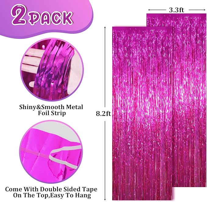 2 Pack Pink Foil Fringe Backdrop Curtains, Tinsel Streamers Birthday Party - Image 2