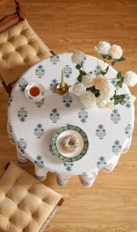 ISAENNE Designer White Linen Small Round Tablecloth, Chinoiserie Floral Elegant - Image 7