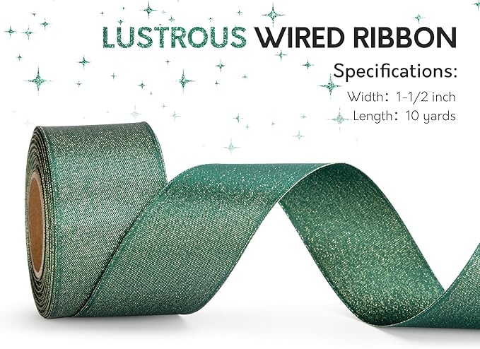 Christmas Ribbon Wired Green Satin Ribbons 1-1/2 Inch Double-Faced Gold Glitter - Image 3