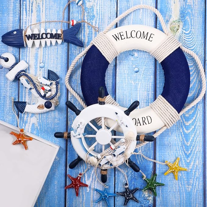 Marsui 11 Pcs Wooden Nautical Wall Decor Fishing Net Decorations, Include - Image 4
