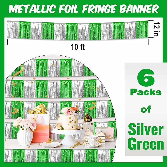 6 Pack 10 Ft Silver Green Foil Fringe Garland Metallic Streamers Tinsel Banner - Image 2
