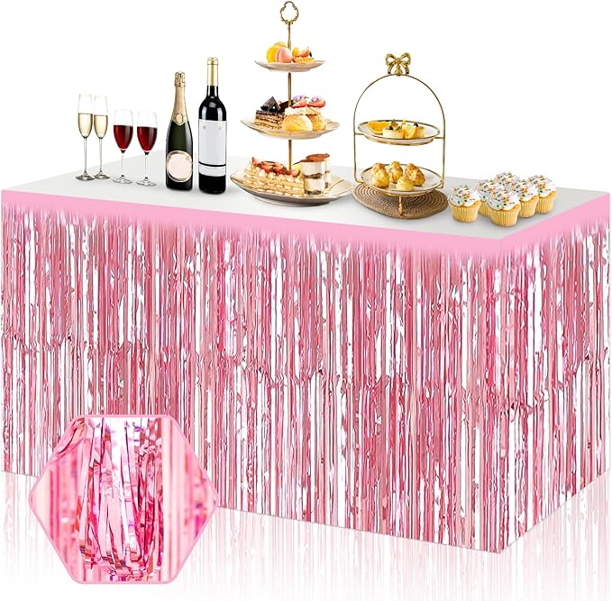 3 Pack 29x108 Inch Pink Foil Fringe Table Skirts Metallic Banner by Ferwzsr