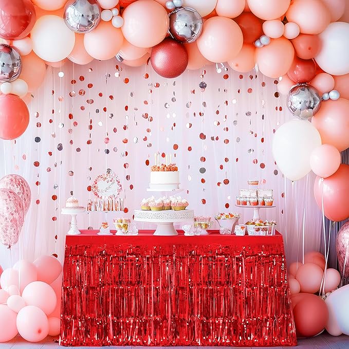 3 Pack Red Green Silver Table Skirts, 29x108" Metallic Foil Tinsel Fringe Table - Image 2