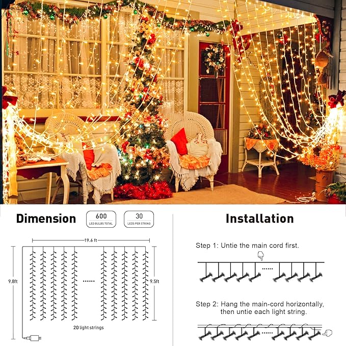 JMEXSUSS 600 LED Christmas Curtain Lights Outdoor, 9.5x19.6ft Christmas String - Image 6