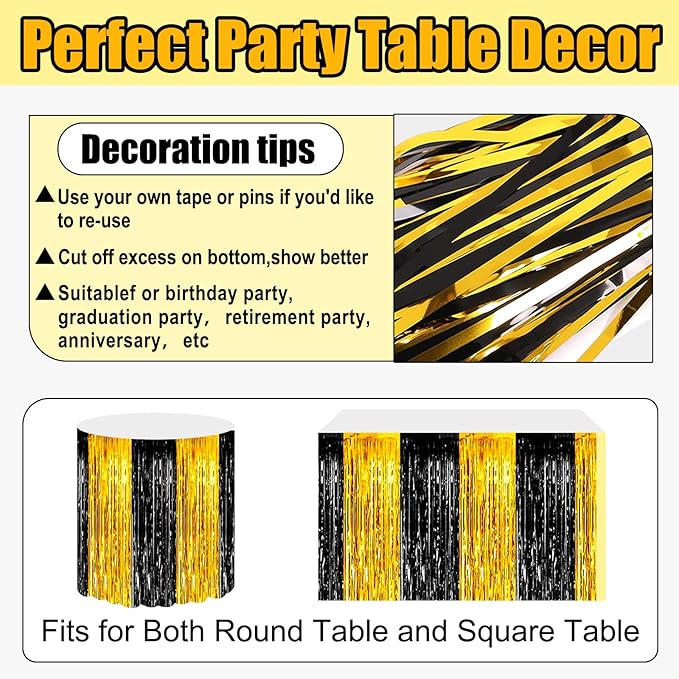 3 Pack 29x108 Inch Black Gold Foil Fringe Table Skirts Metallic Banner - Image 3
