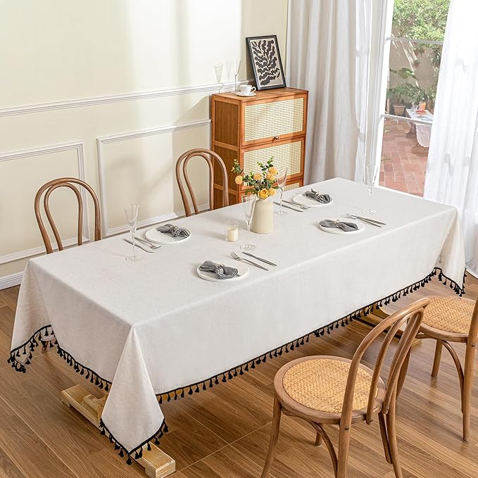 MYSKY HOME Table Cloth 60x120 in Rectangle, Heavy Duty Cotton Tassel Linen Look - Image 2