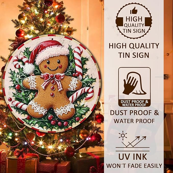 Round Christmas Metal Tin Sign Rustic Wall Decor Gingerbread Man Vintage Tin - Image 4