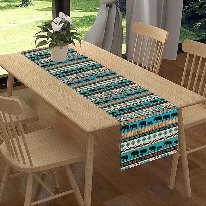 Boho Table Runner, Rustic Aztec Blue Teal African Elephant Tribal Ethnic Native - Image 3