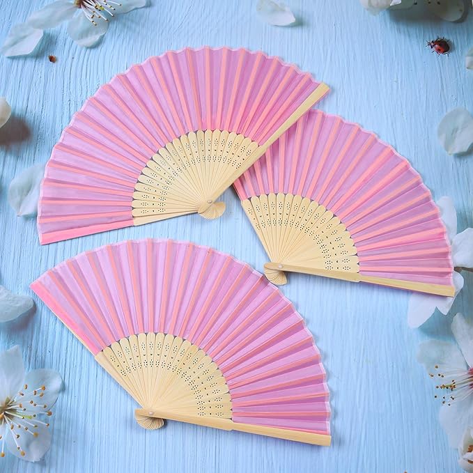 Aneco 18 Pieces Pink Handheld Cloth and Bamboo Folding Fans - Image 5