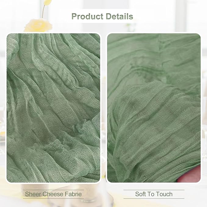 1 Pack Sage Green Cheesecloth Table Runner 35x120 Inch 10Ft Rustic Gauze Cheese - Image 2
