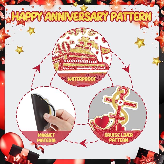 40th Anniversary Cruise Door Magnets Decorations Red Gold Happy 40th - Image 6