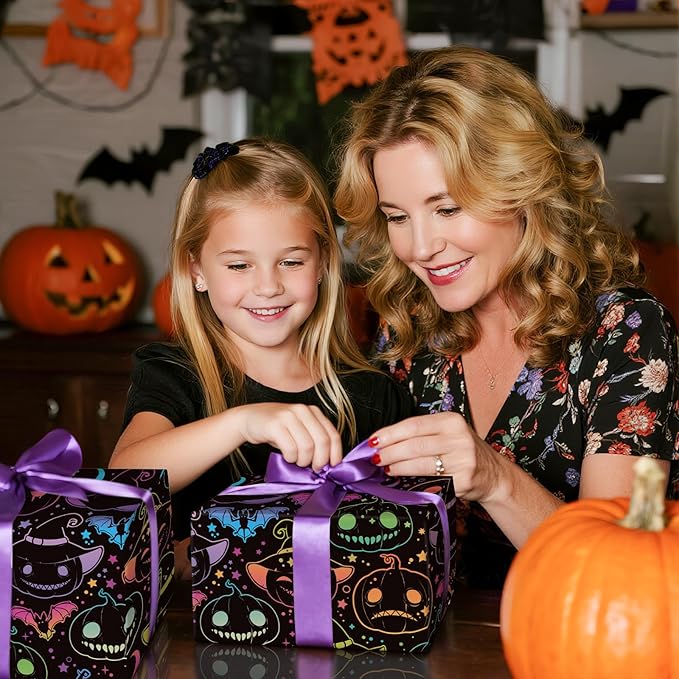 LeZakaa Halloween Pumpkin Wrapping Paper Roll, Neon Pumpkin Witch Hat Bat - Image 5